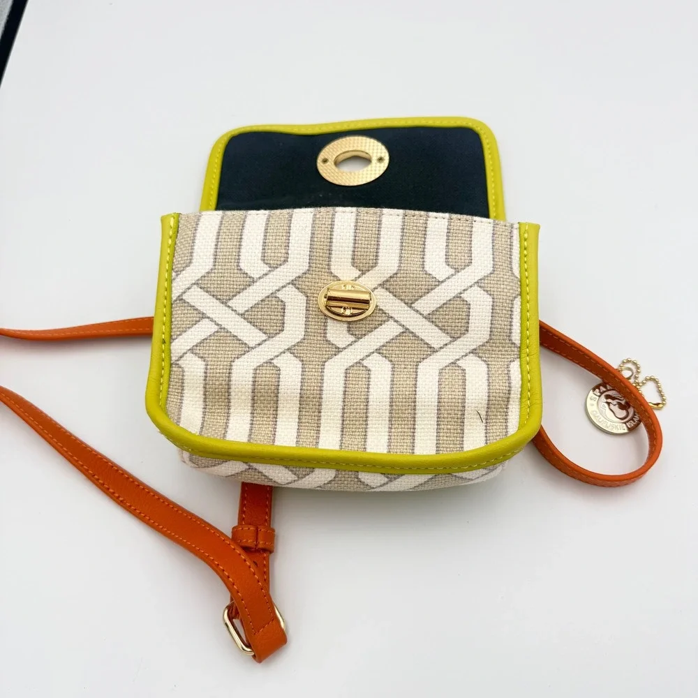 Spartina 449 Orange Leather Linen Geometric Crossbody Bag Lime Green Trim Gold